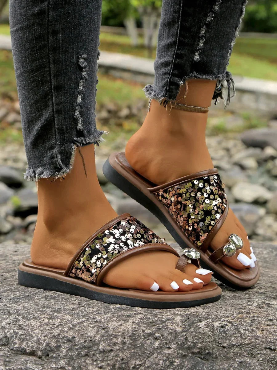 Sequin Toe Loop Flats Sandals - minbolu -