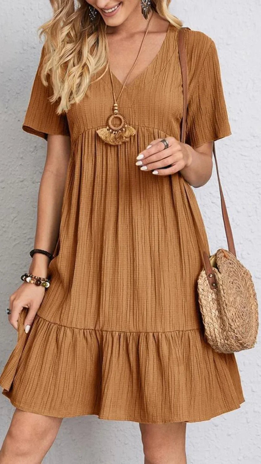 Short Sleeve Knee-Length Boho Dress - minbolu -