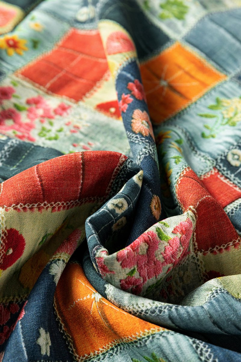 Sky Blue Checkered Floral Patchwork V Neck Blouse - Blouses - minbolu