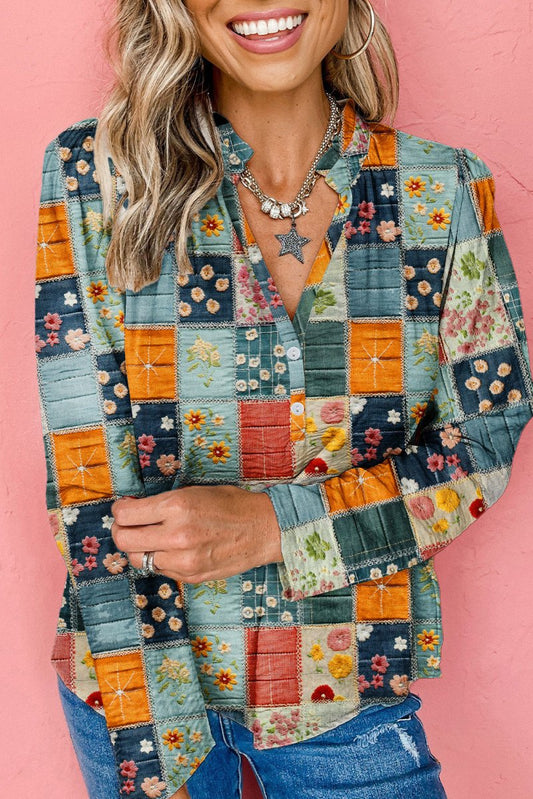 Sky Blue Checkered Floral Patchwork V Neck Blouse - minbolu -