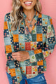 Sky Blue Checkered Floral Patchwork V Neck Blouse - minbolu -