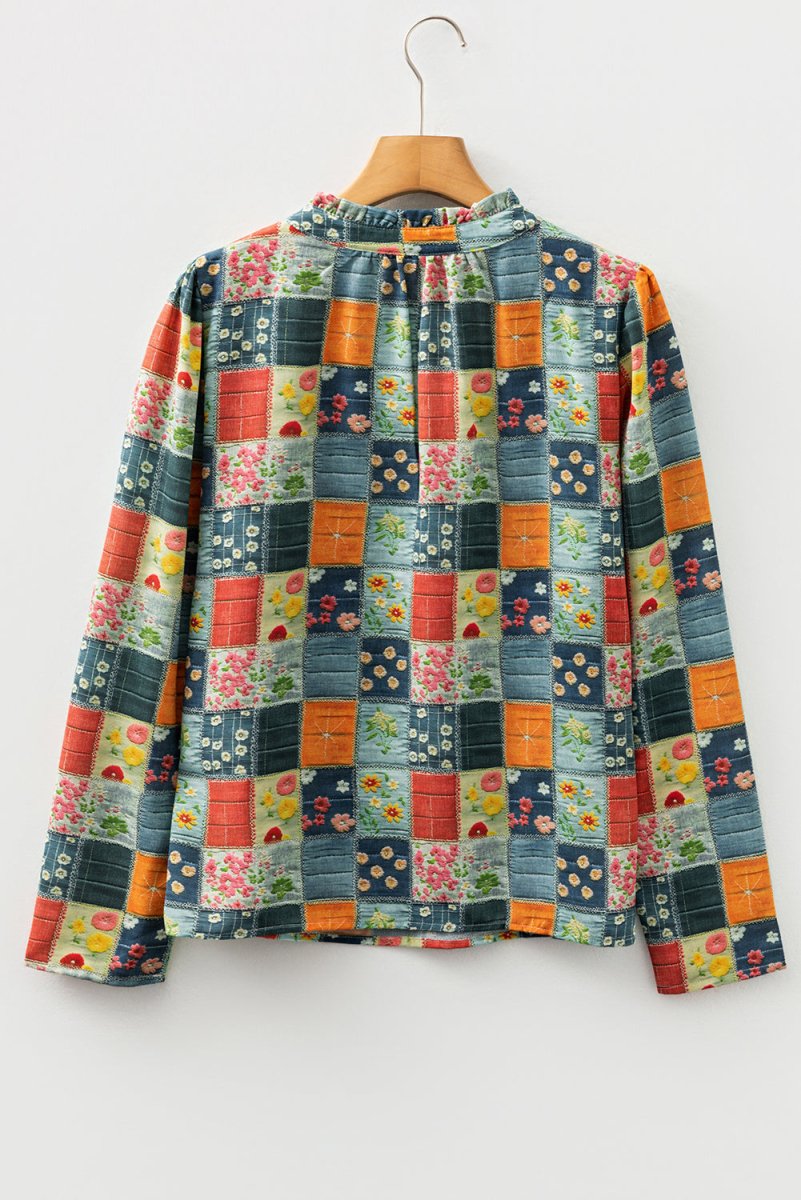 Sky Blue Checkered Floral Patchwork V Neck Blouse - Blouses - minbolu