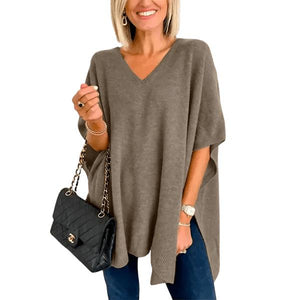 Slit V-Neck Half Sleeve Knit Top - minbolu -