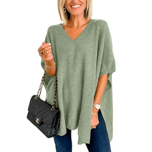 Slit V-Neck Half Sleeve Knit Top - minbolu -