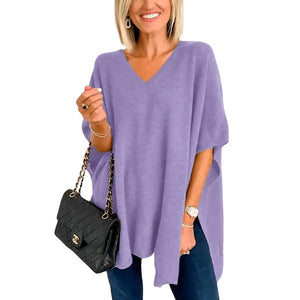 Slit V-Neck Half Sleeve Knit Top - minbolu -