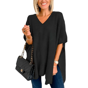 Slit V-Neck Half Sleeve Knit Top - minbolu -