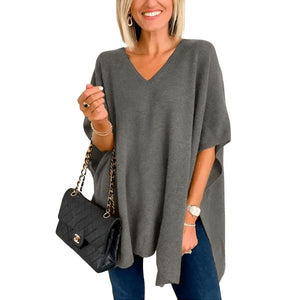 Slit V-Neck Half Sleeve Knit Top - minbolu -