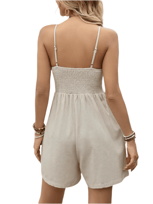 Smocked Back Romper with Pockets - minbolu -