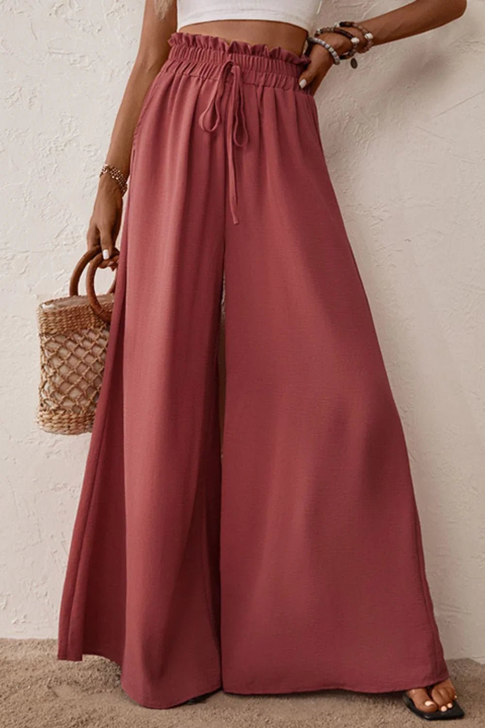 Smocked Paperbag Wide Leg Pants - Trendy & Comfortable - minbolu -