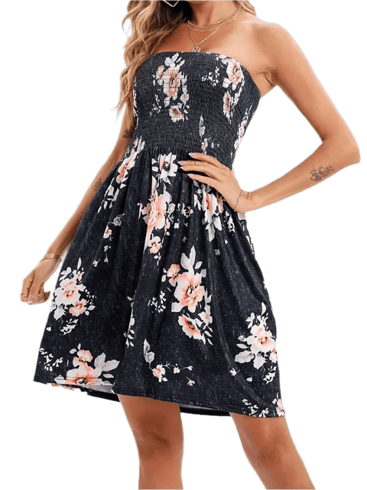 Smocked Printed Tube Mini Dress - minbolu -
