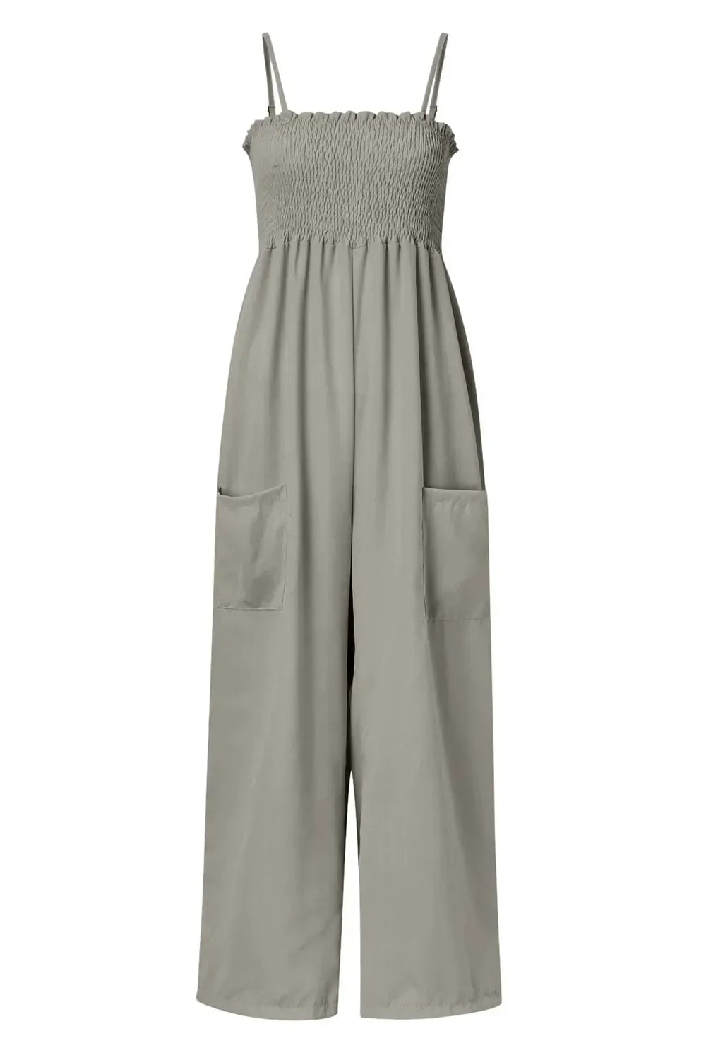 Smocked Spaghetti Strap Wide Leg Jumpsuit - minbolu -