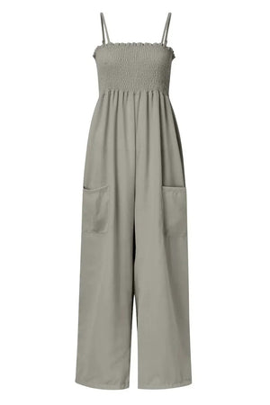 Smocked Spaghetti Strap Wide Leg Jumpsuit - minbolu -