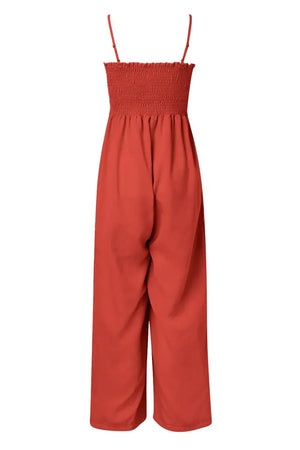 Smocked Spaghetti Strap Wide Leg Jumpsuit - minbolu -