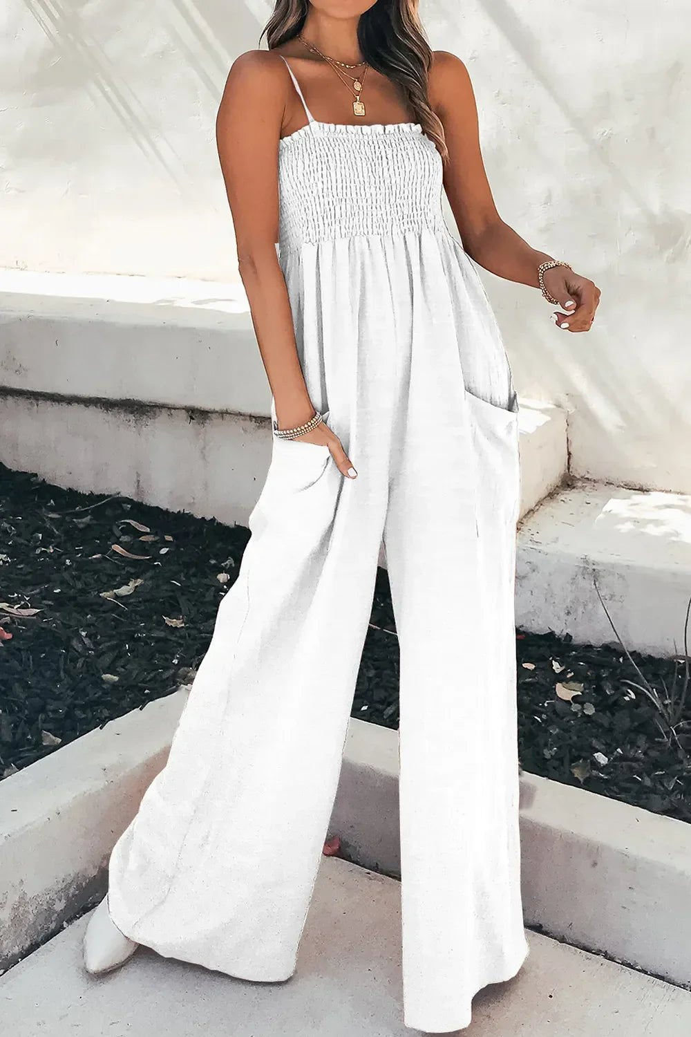 Smocked Spaghetti Strap Wide Leg Jumpsuit - minbolu -