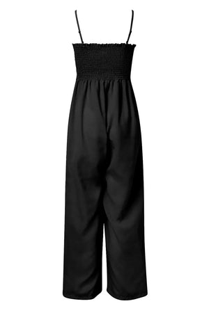 Smocked Spaghetti Strap Wide Leg Jumpsuit - minbolu -