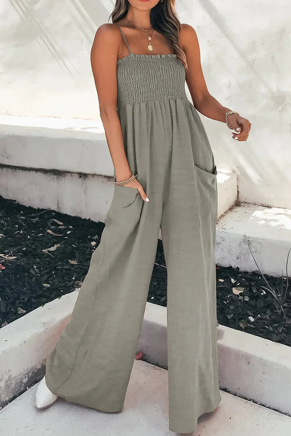 Smocked Spaghetti Strap Wide Leg Jumpsuit - minbolu -