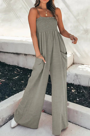 Smocked Spaghetti Strap Wide Leg Jumpsuit - minbolu -