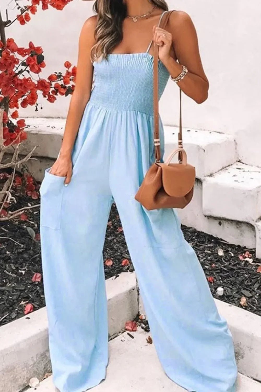 Smocked Spaghetti Strap Wide Leg Jumpsuit - minbolu -