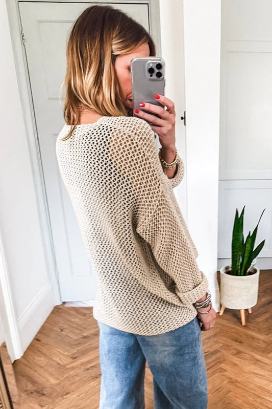 Smoke Gray Crochet Hollow-out Knit Sweater - Casual Pullover - minbolu -