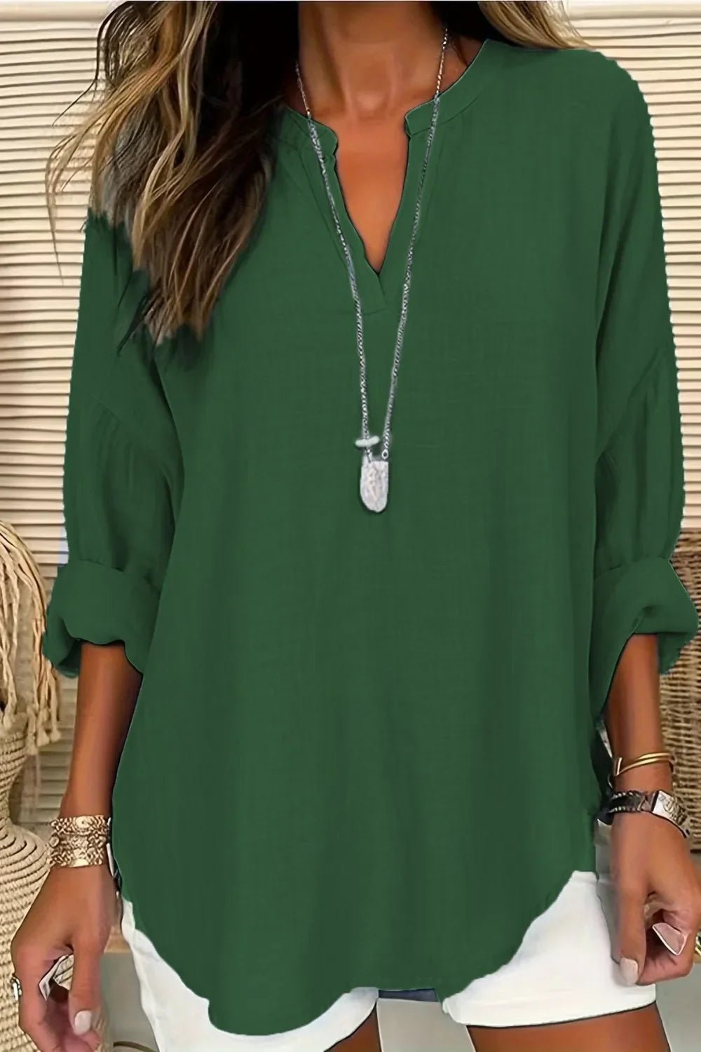 Solid Notched Long Sleeve Blouse – Lightweight and Polished - minbolu -