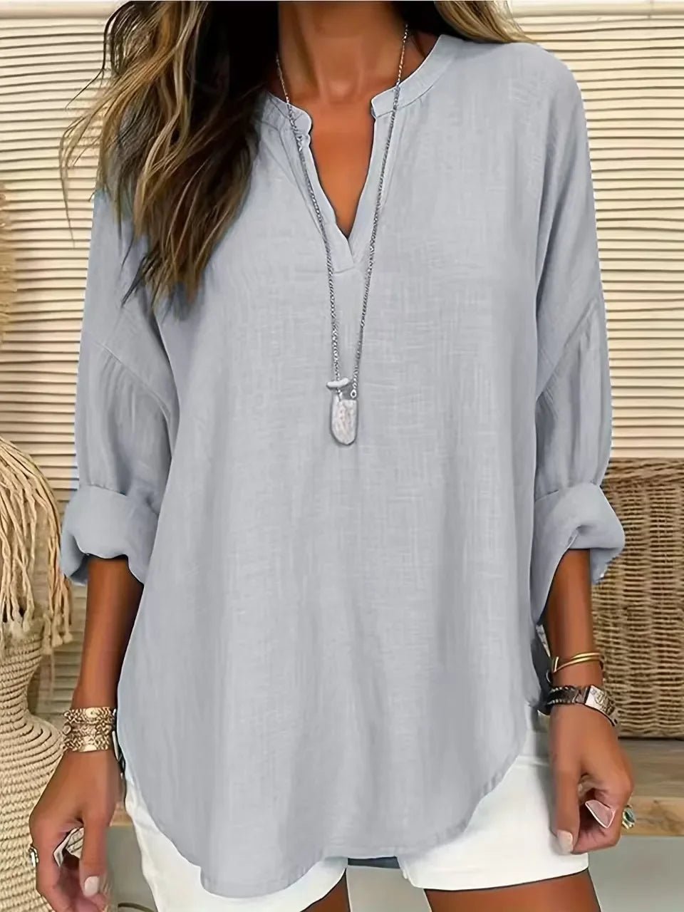 Solid Notched Long Sleeve Blouse – Lightweight and Polished - minbolu -