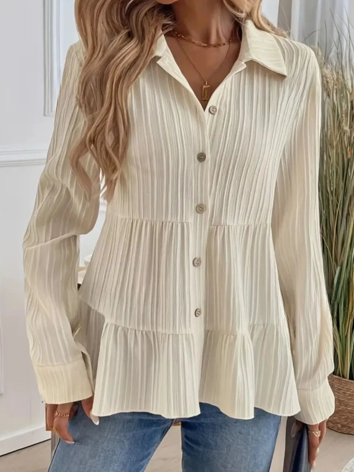 Striped Button-Down Tiered Shirt - minbolu -