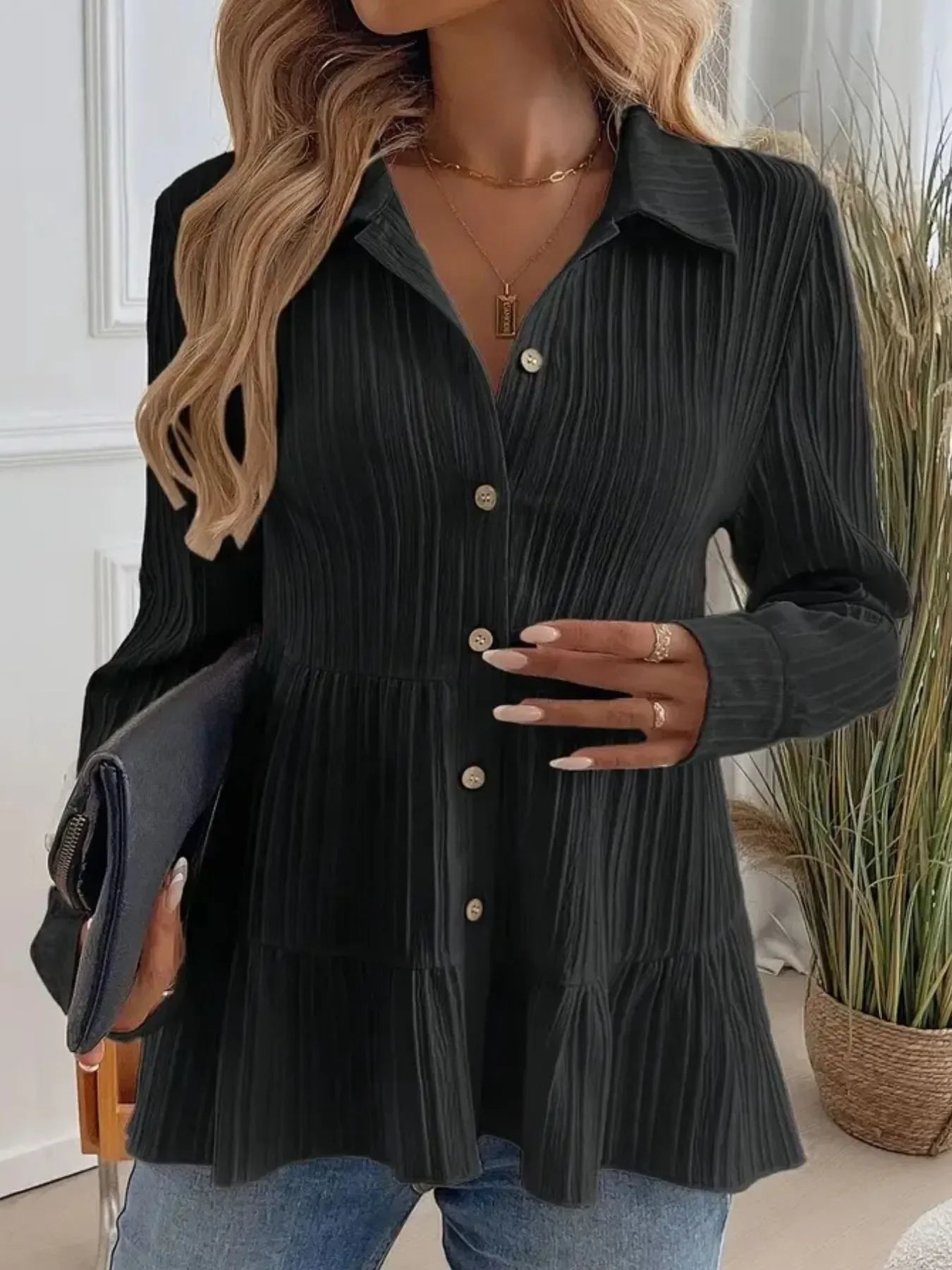 Striped Button-Down Tiered Shirt - minbolu -