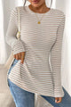 Striped Sheer Long Sleeve Top - Side Slit Round Neck Blouse - minbolu -