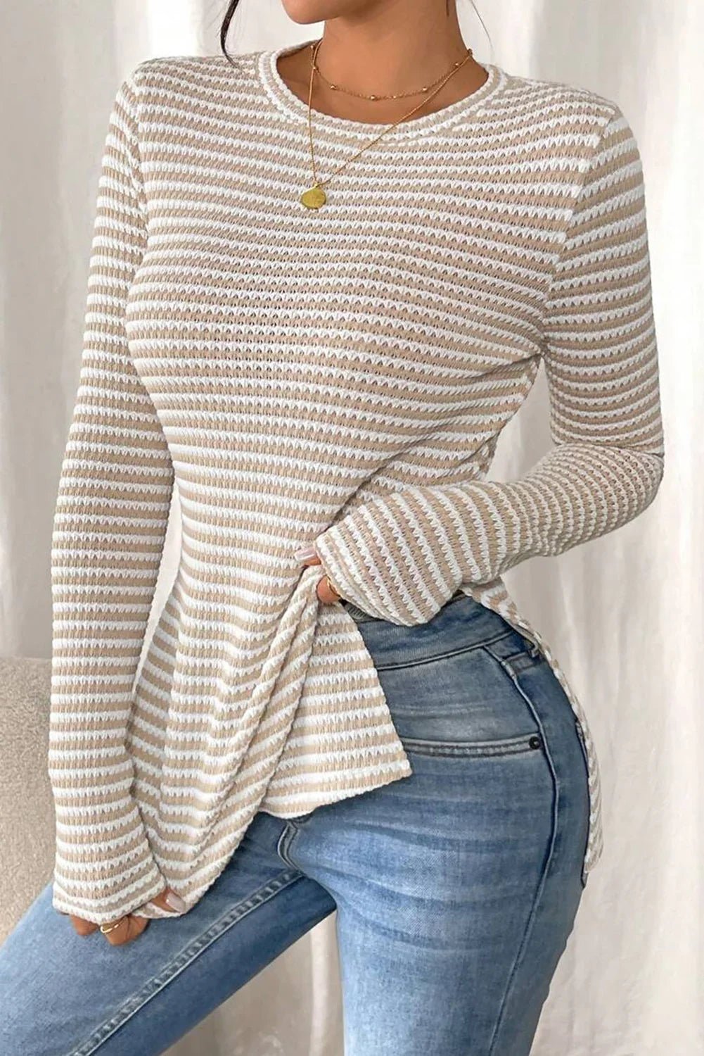 Striped Sheer Long Sleeve Top - Side Slit Round Neck Blouse - minbolu -