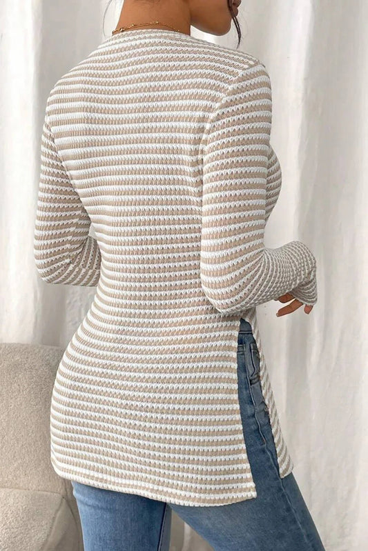 Striped Sheer Long Sleeve Top - Side Slit Round Neck Blouse - minbolu -