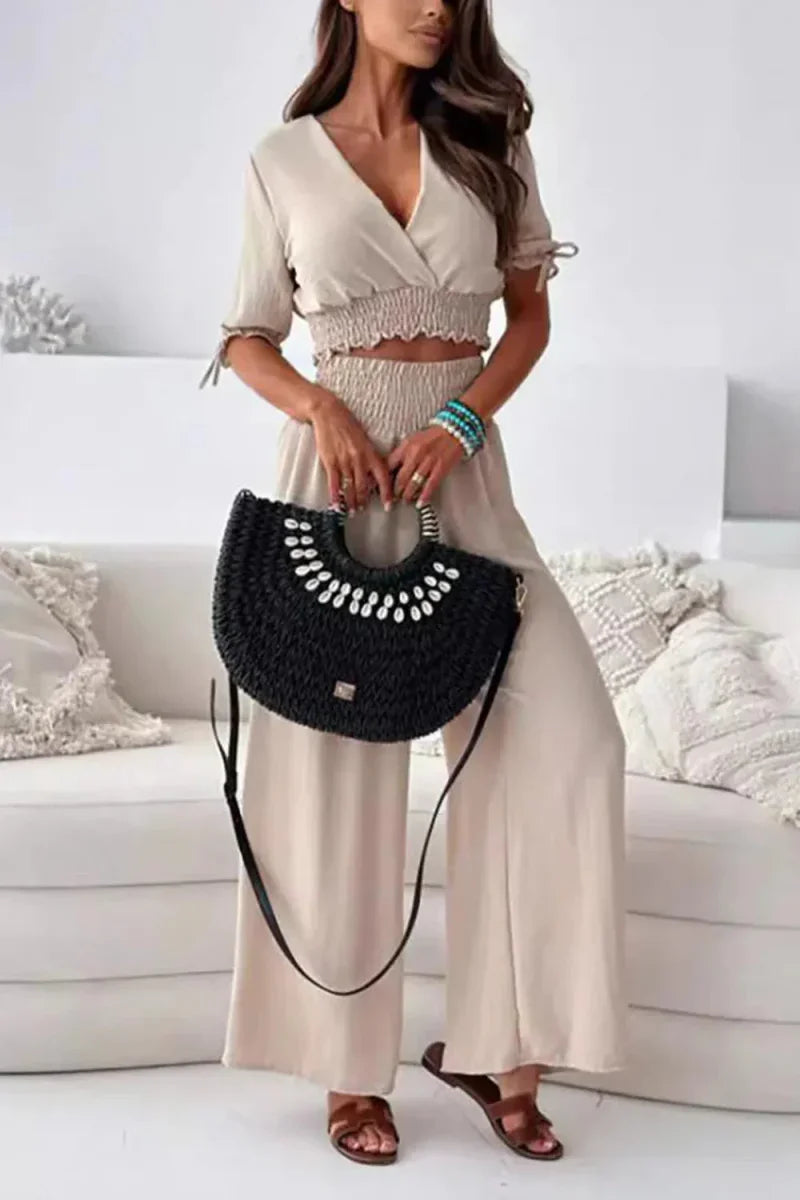 Surplice Short Sleeve Top and Pants Set - minbolu -