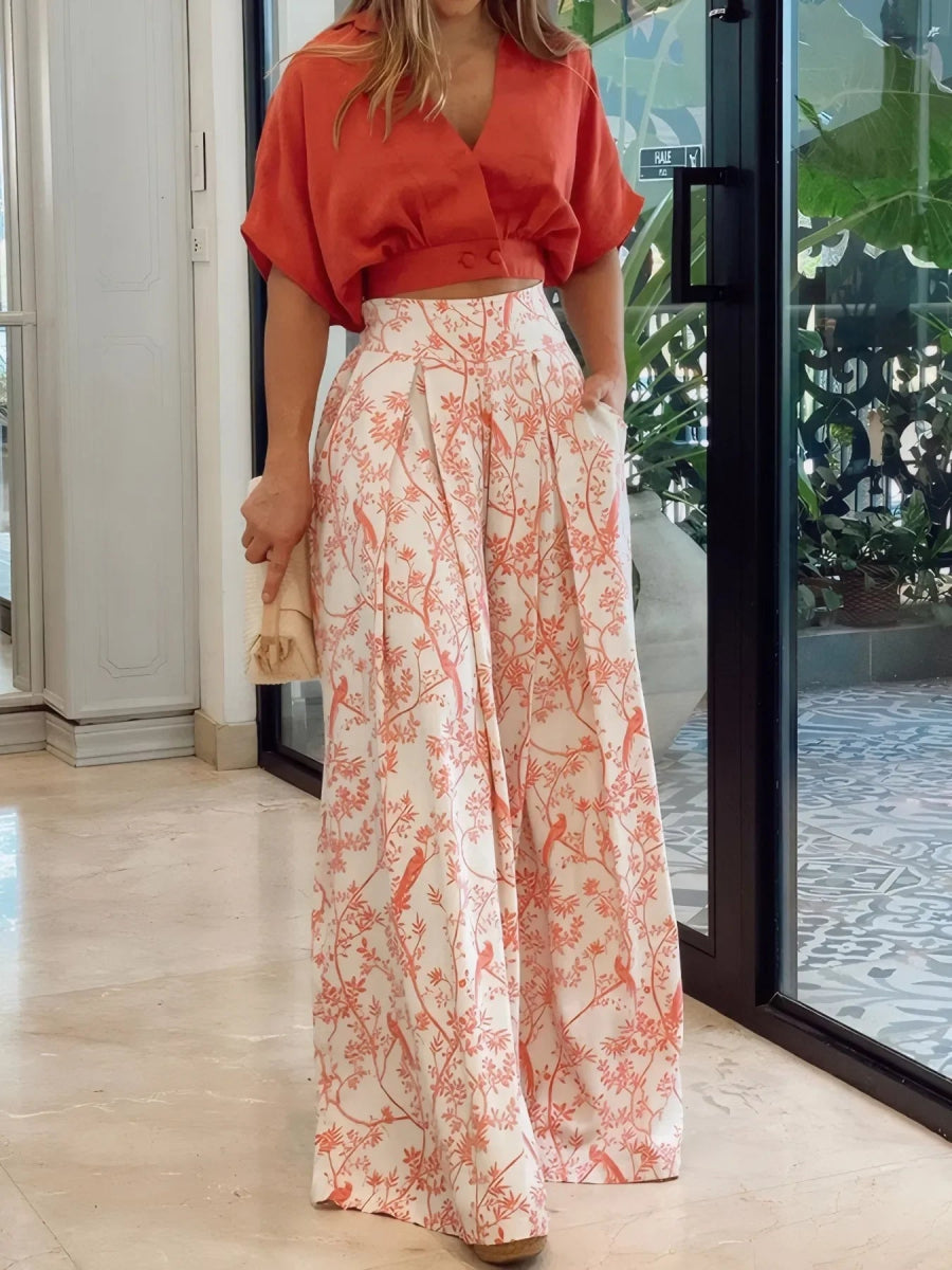 Surplice Top and High Waist Pants Set - Floral Two-Piece - minbolu -