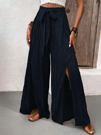 Tie Waist Wide Leg Pants with Slit: Dark Navy - minbolu -