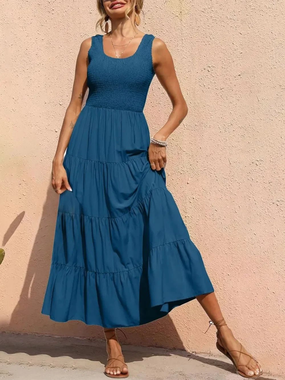 Tiered Maxi Dress - Smocked Polyester Wide Strap Style - minbolu -