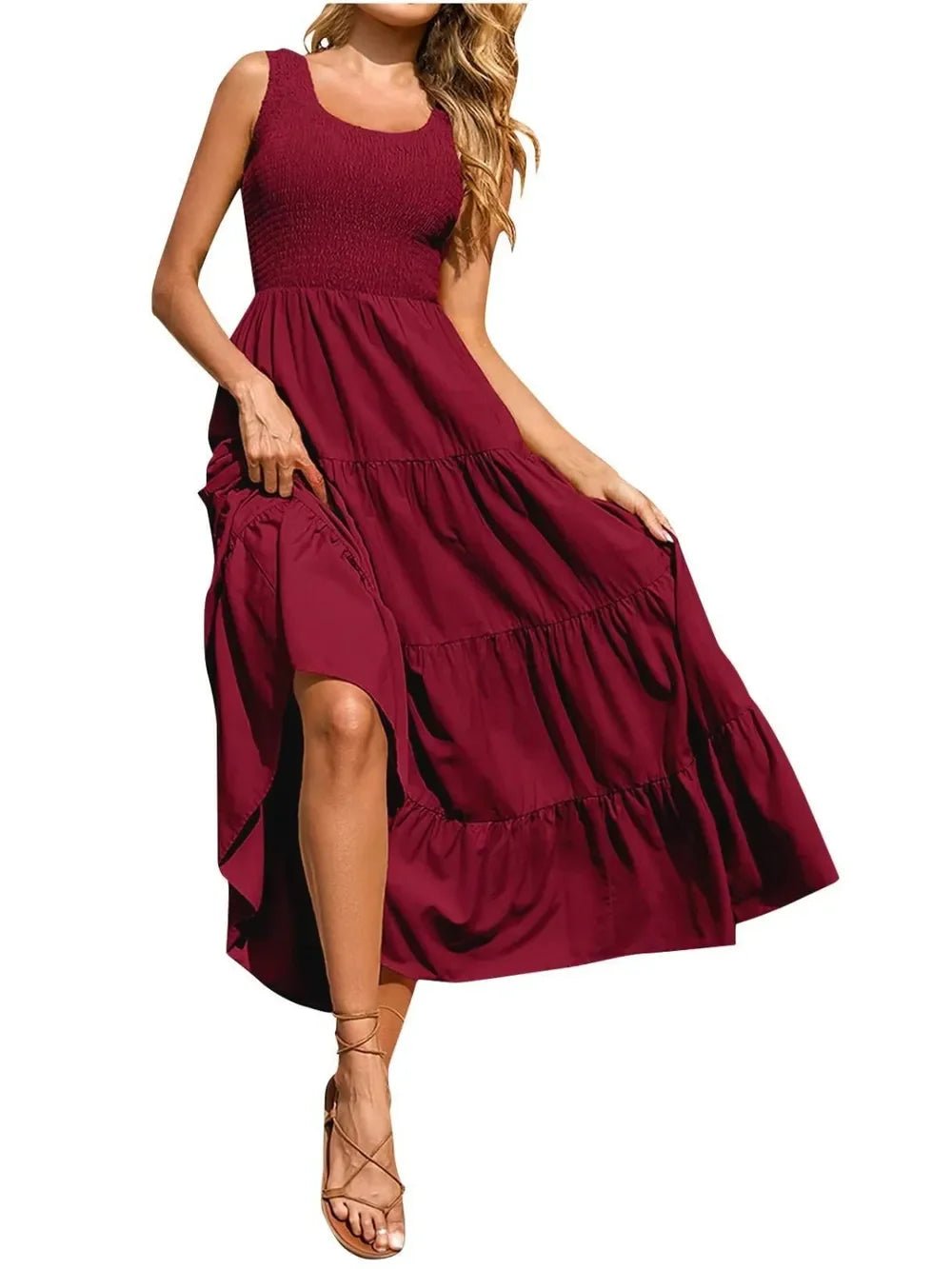 Tiered Maxi Dress - Smocked Polyester Wide Strap Style - minbolu -