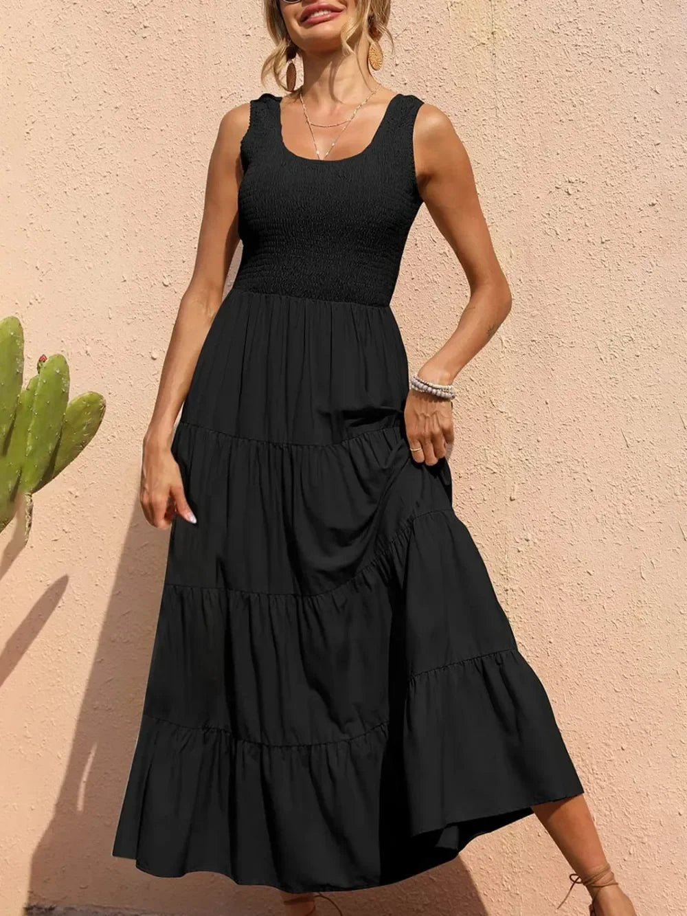 Tiered Maxi Dress - Smocked Polyester Wide Strap Style - minbolu -