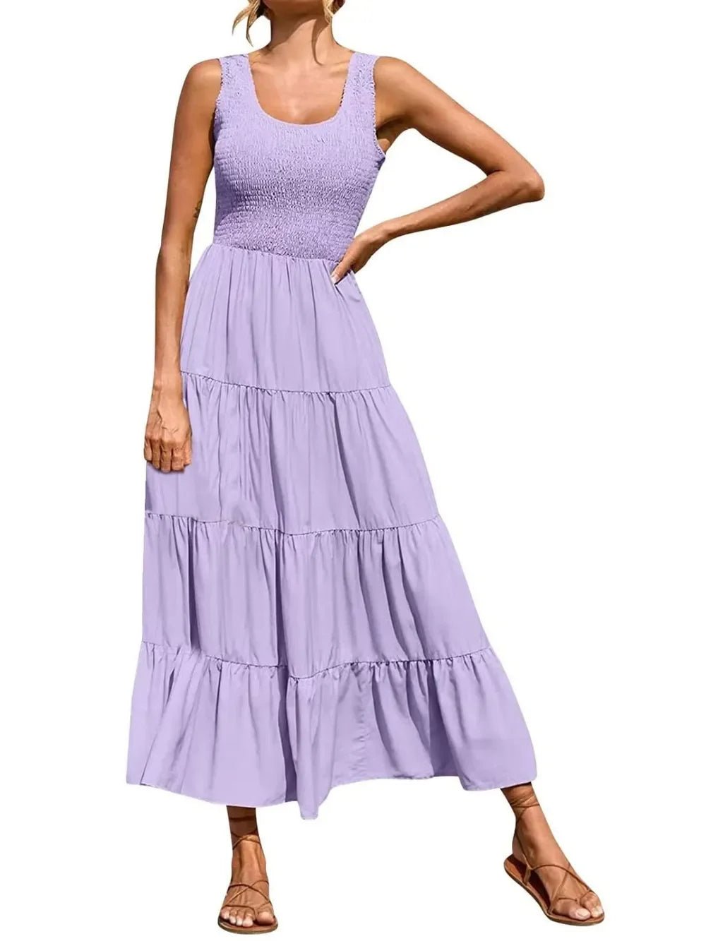 Tiered Maxi Dress - Smocked Polyester Wide Strap Style - minbolu -