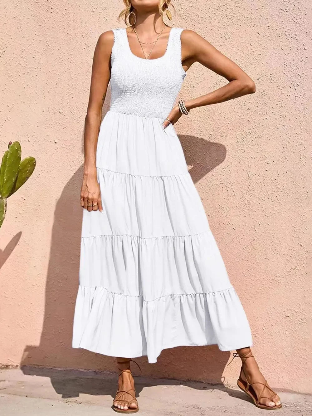 Tiered Maxi Dress - Smocked Polyester Wide Strap Style - minbolu -