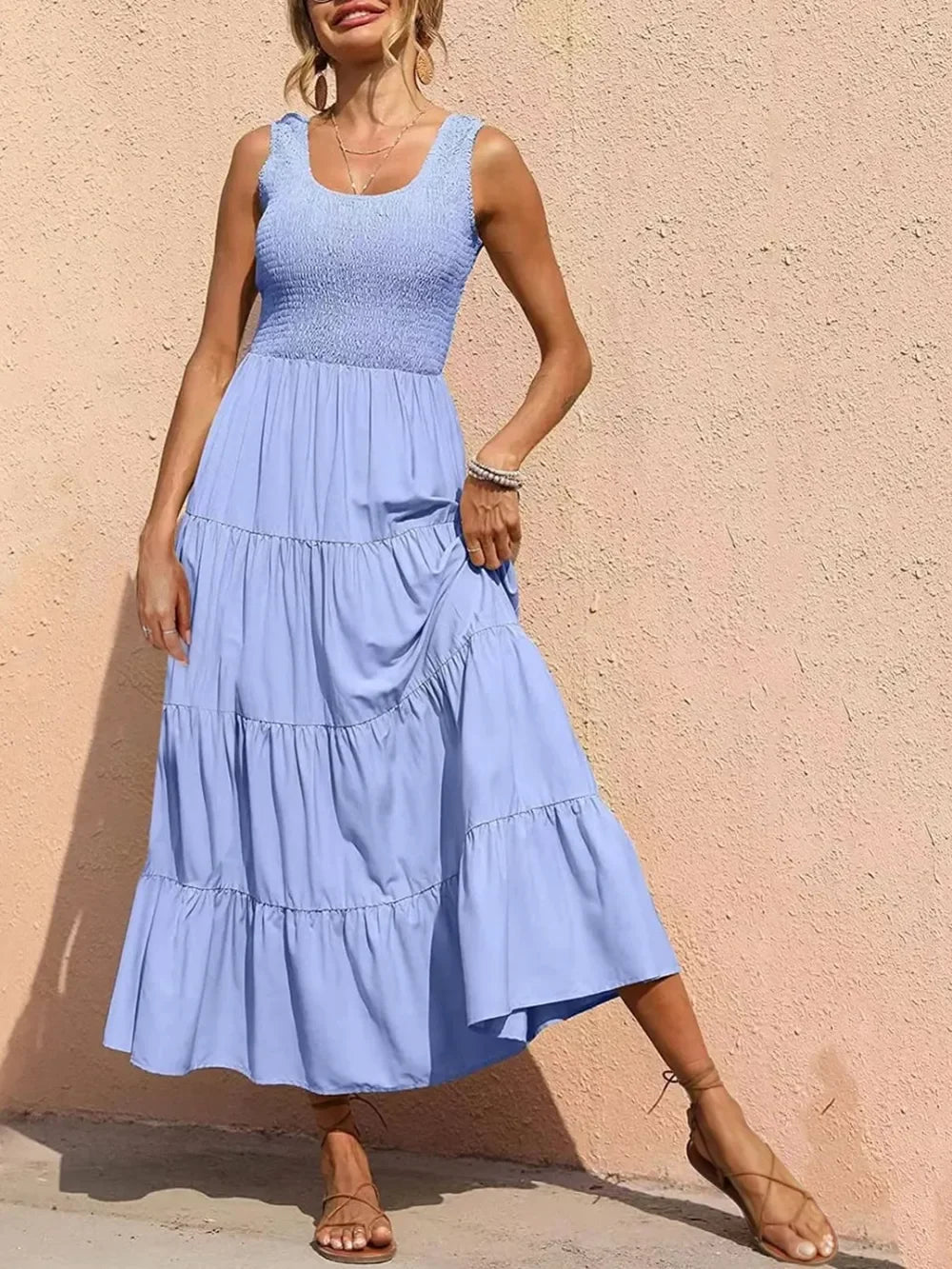 Tiered Maxi Dress - Smocked Polyester Wide Strap Style - minbolu -
