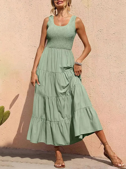 Tiered Maxi Dress - Smocked Polyester Wide Strap Style - minbolu -