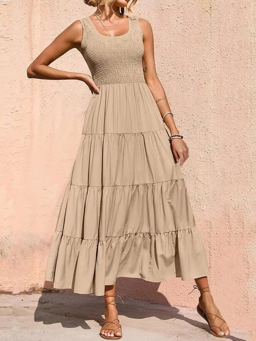 Tiered Maxi Dress - Smocked Polyester Wide Strap Style - minbolu -
