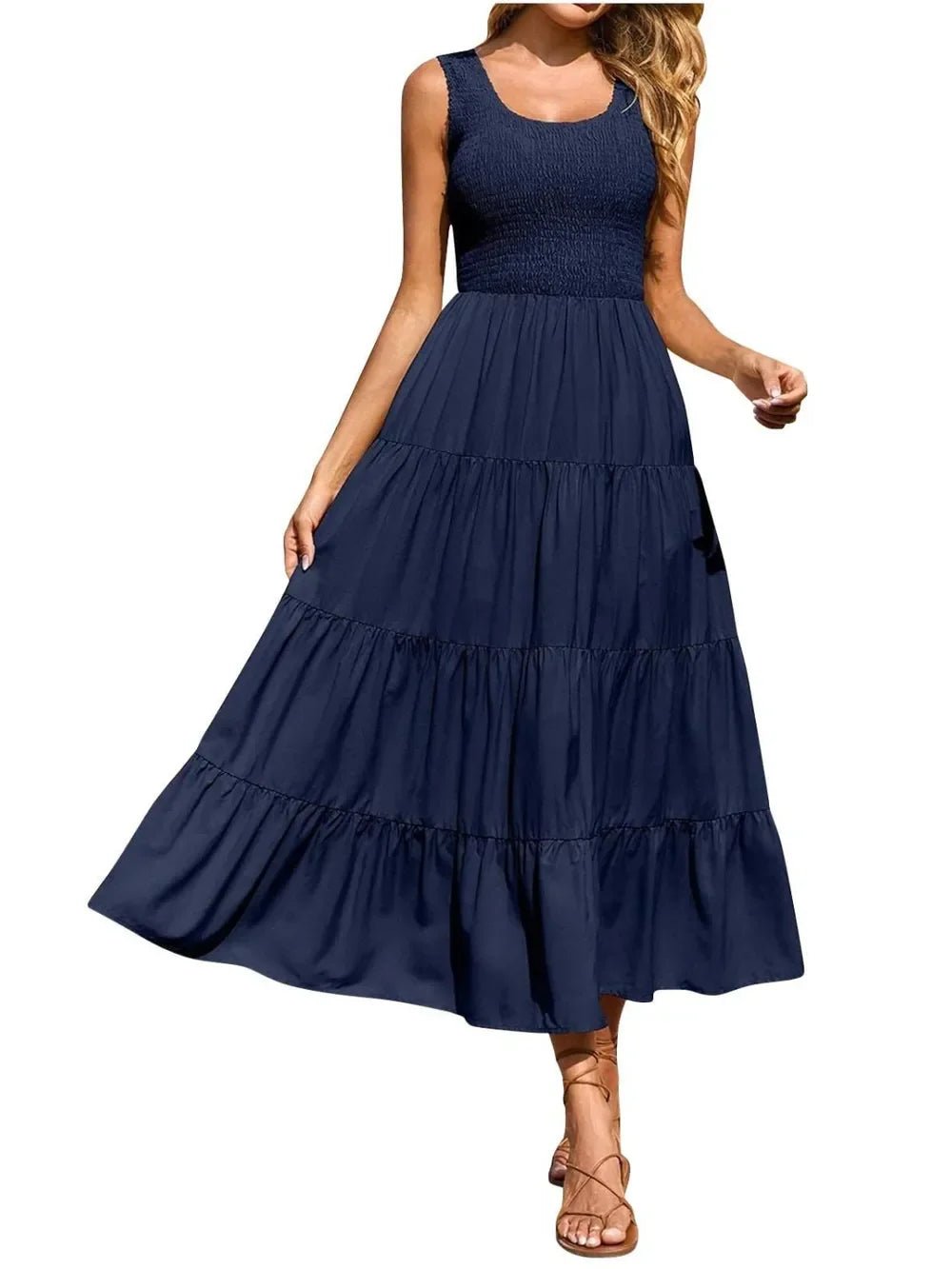 Tiered Maxi Dress - Smocked Polyester Wide Strap Style - minbolu -