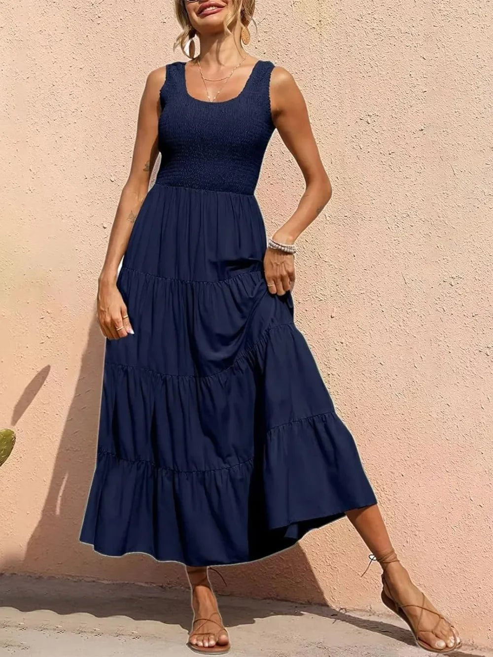 Tiered Maxi Dress - Smocked Polyester Wide Strap Style - minbolu -