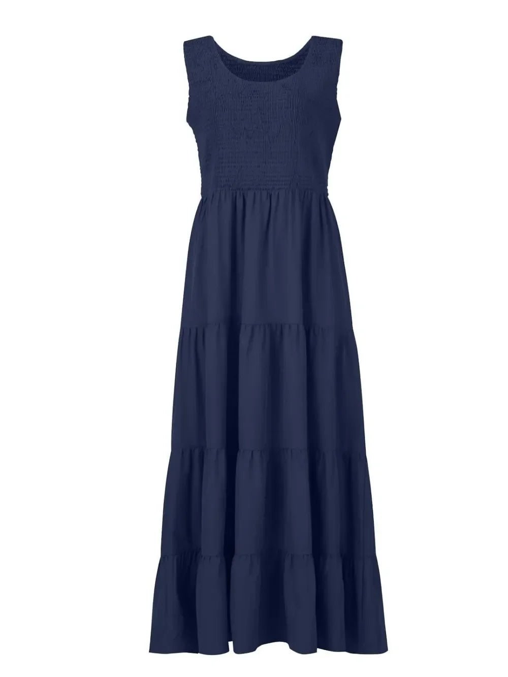 Tiered Maxi Dress - Smocked Polyester Wide Strap Style - minbolu -