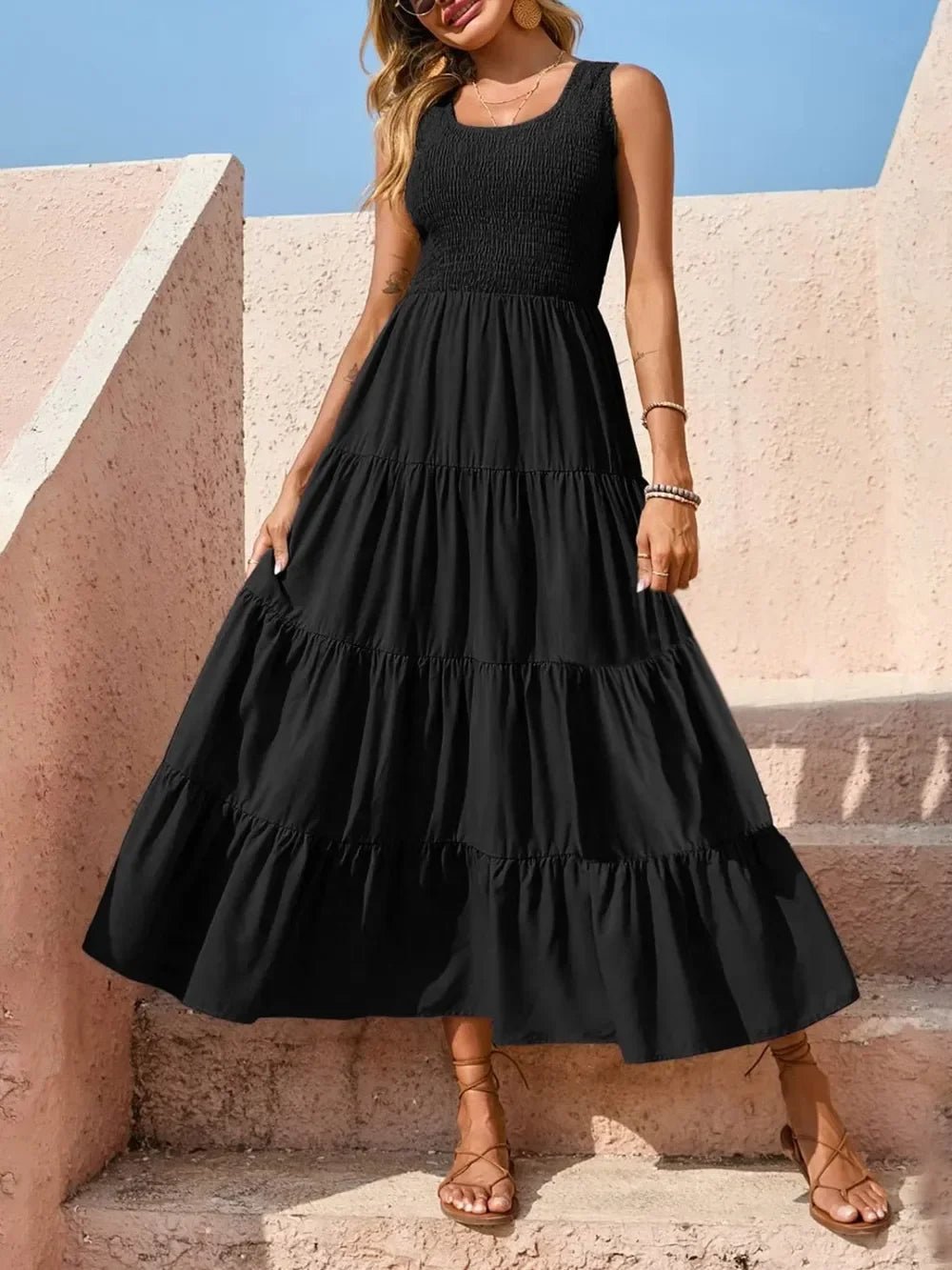 Tiered Maxi Dress - Smocked Polyester Wide Strap Style - minbolu -