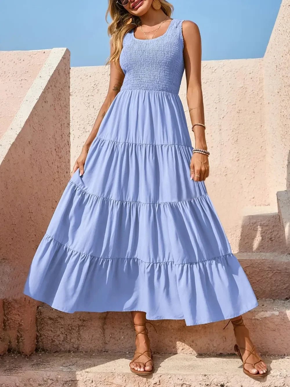 Tiered Maxi Dress - Smocked Polyester Wide Strap Style - minbolu -
