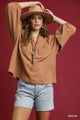 Umgee Textured Notched Blouse with Balloon Sleeves - minbolu -