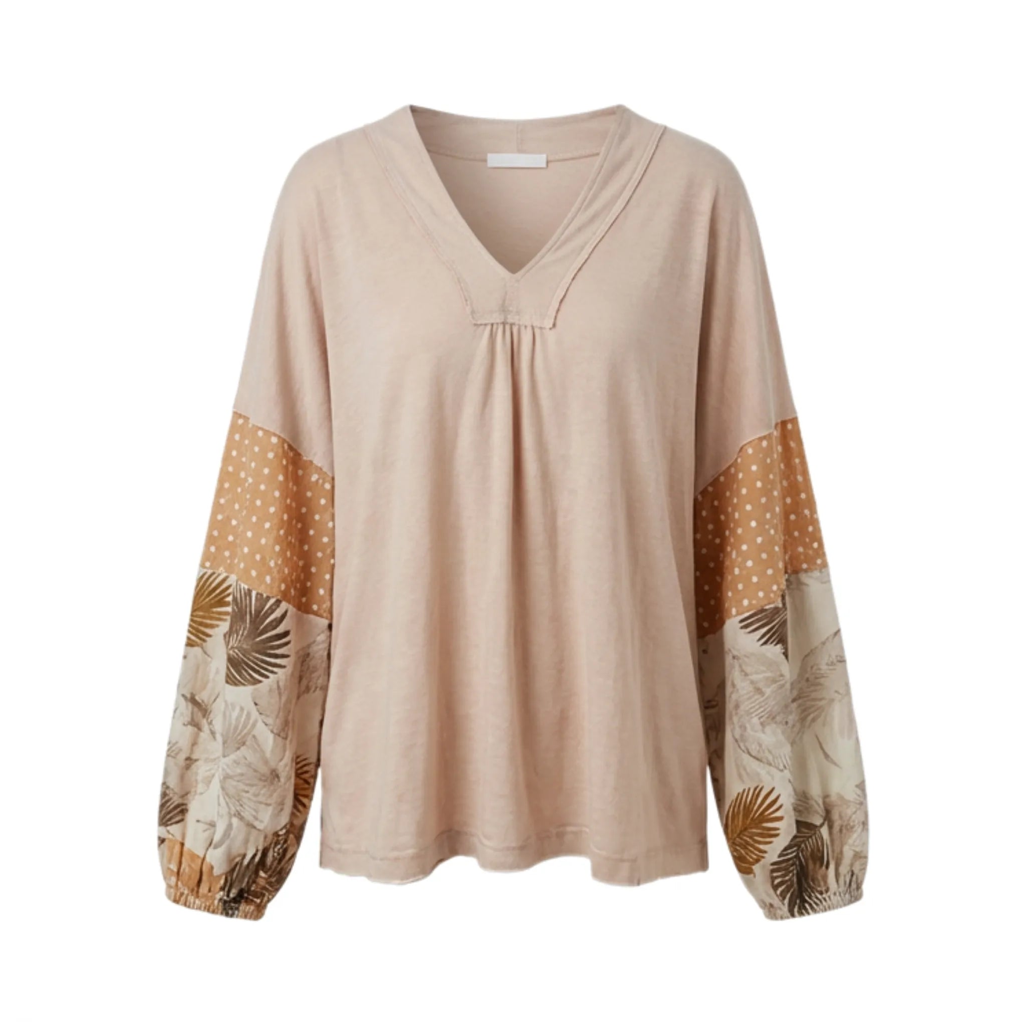 Beige long-sleeve top with patterned sleeves on a white background
