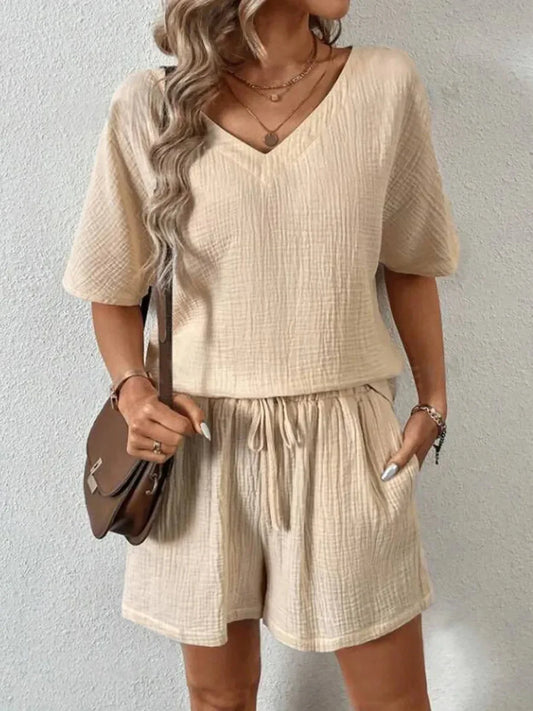 V-Neck Half Sleeve Top and Shorts Set - minbolu -
