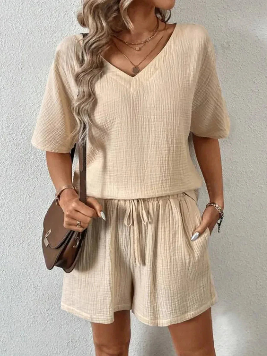 V-Neck Half Sleeve Top and Shorts Set - minbolu -